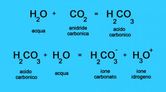 L'acqua piovana reagisce con la CO2 per formare acido carbonico, l'acido carbonico in acqua rilascia ioni idrogeno (che la acidificano)