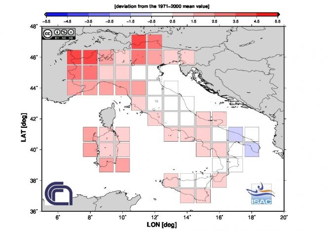 L'anomalia di temperatura a Dicembre 2016 in Italia (fonte Isac-Cnr)