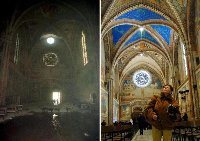 L'interno della Basilica di San Francesco ad Assisi danneggiata dal terremoto del 26 settembre 1997 (s) e come apparsa dopo il restauro in una foto del 5 aprile 2006 - FONTE: ANSA