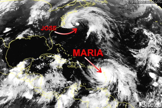 L'uragano Maria visto dal satellite. Più a nord si nota anche l'uragano Jose, vicino alla East Coast degli USA