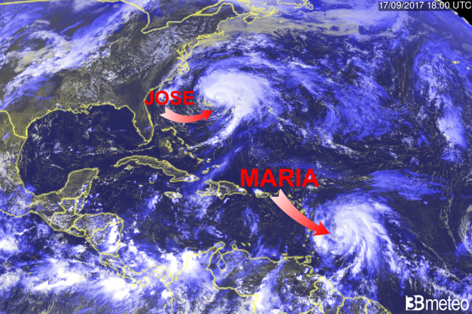 L'uragano Maria visto dal satellite. Si scorge anche l'uragano Jose, in spostamento verso nord