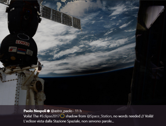 La foto postata su twitter dal nostro Nespoli dalla ISS