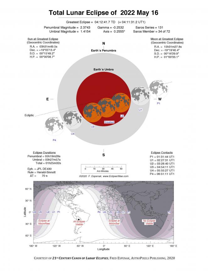 La mappa dell'eclissi totale di luna del 16 maggio 2022