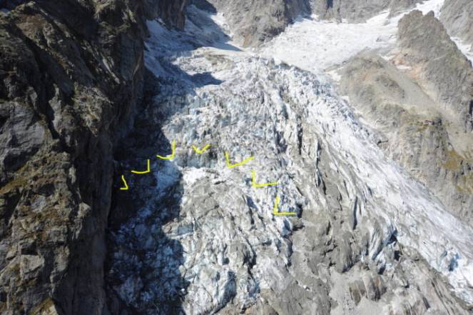 La porzione del ghiacciaio di Planpincieux interessata dai crolli