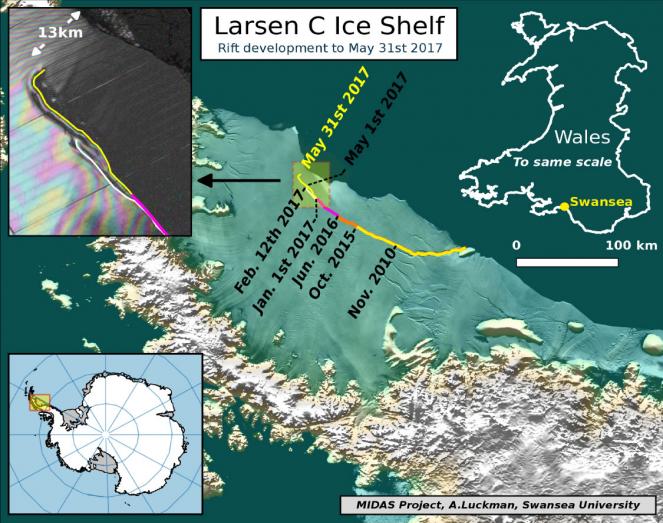 La posizione attuale della spaccatura su Larsen C