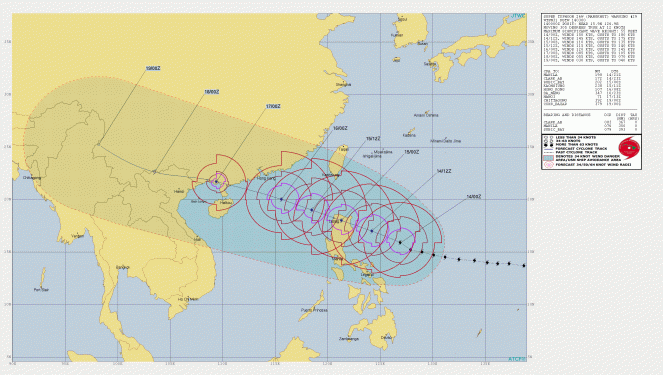 La rotta prevista del super tifone Mangkhut (Fonte: JTWC)