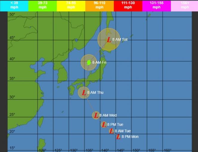 La rotta prevista del tifone Cimaron