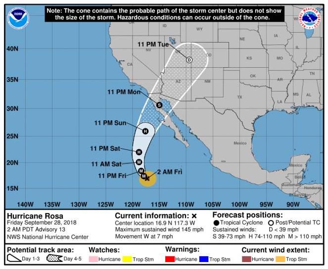 La rotta prevista dell'uragano Rosa (Fonte immagine: National Hurricane Service)
