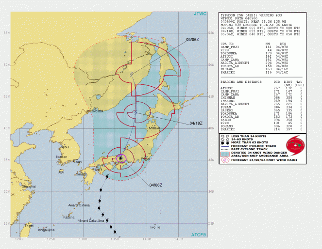 La rotta prevista di Jebi (Fonte immagine: Joint Typhoon Warning Center)
