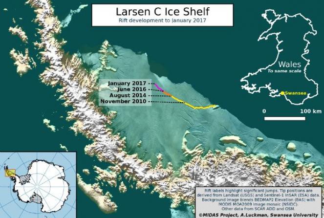 La separazione dell'iceberg potrebbe scaturire una più ampia rottura del Larsen C (fonte: Midas Project, Swansea University)