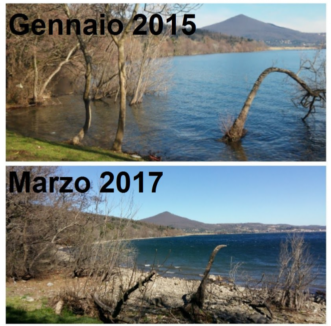 La situazione del lago lo scorso marzo, dopo un inverno siccitoso, e il confronto con gennaio 2015 (fonte: nextquotidiano.it)