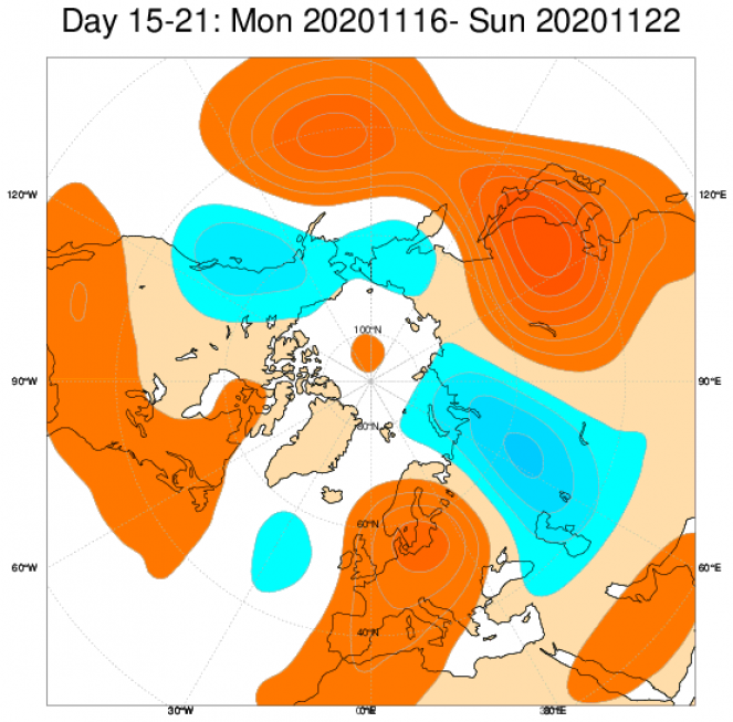 Le anomalie di geopotenziale a 500hPa secondo il modello ECMWF, mediate nel periodo 16-22 novembre