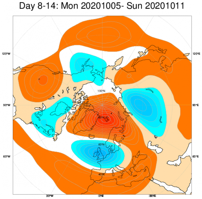 Le anomalie di geopotenziale a 500hPa secondo il modello ECMWF mediate nel periodo 5-11 ottobre