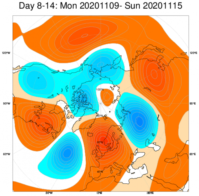 Le anomalie di geopotenziale a 500hPa secondo il modello ECMWF, mediate nel periodo 9-15 novembre