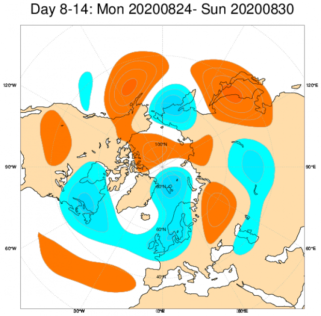 Le anomalie di geopotenziale a 500hPa secondo il modello ECMWF mediate sul periodo 24-30 agosto
