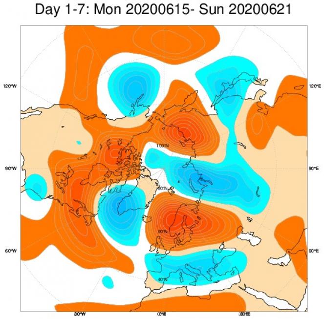 Le anomalie di geopotenziale a 500hPa secondo il modello ECMWF nel periodo 15-21 giugno