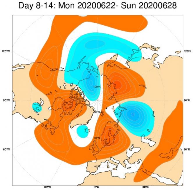 Le anomalie di geopotenziale a 500hPa secondo il modello ECMWF nel periodo 22-28 giugno