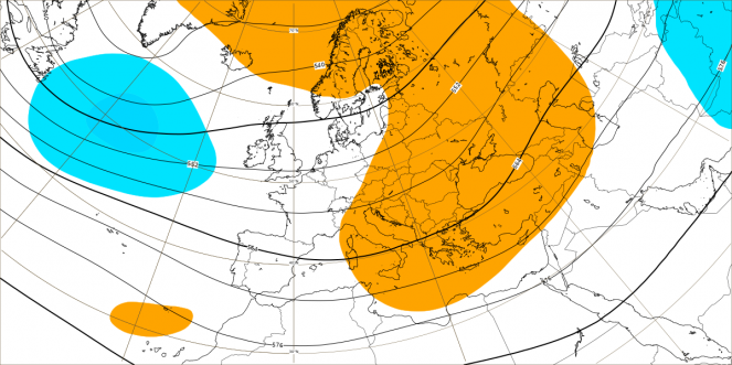 Le anomalie di geopotenziale a 5500m circa (in blu negative, in rosso positive) secondo le elaborazioni del modello ECMWF per il periodo 10-17 aprile