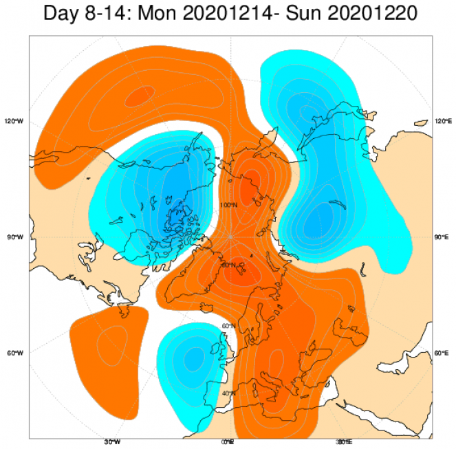 Le anomalie di geopotenziale in Europa secondo il modello ECMWF, mediate nel periodo 13-20 dicembre