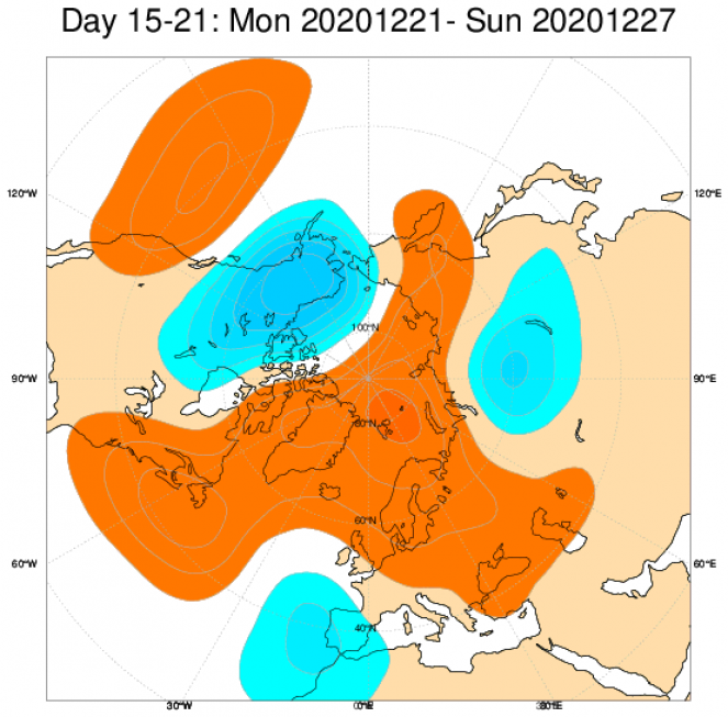 Le anomalie di geopotenziale in Europa secondo il modello ECMWF, mediate nel periodo 21-27 dicembre
