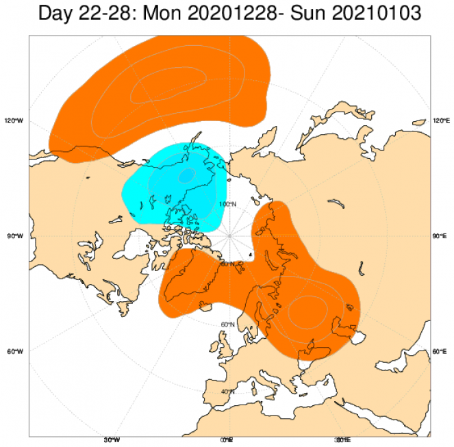 Le anomalie di geopotenziale in Europa secondo il modello ECMWF, mediate nel periodo 27 dicembre - 3 gennaio