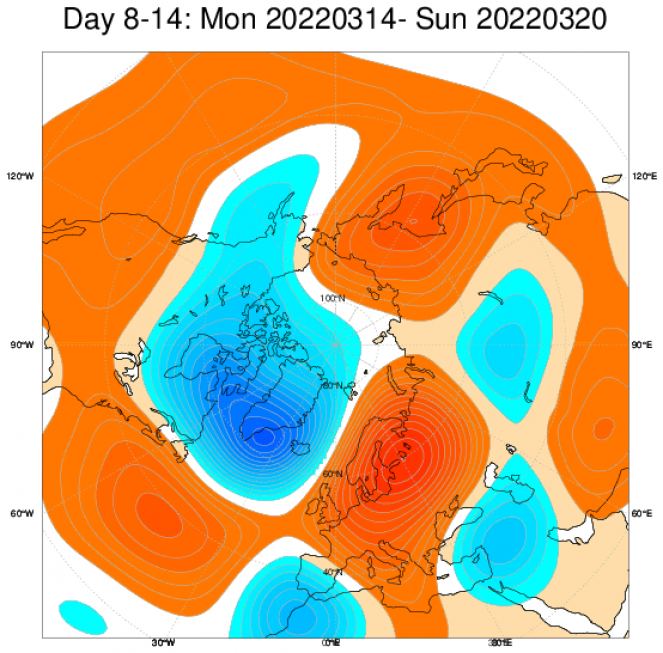 Le anomalie di geopotenziale (in rosso sopra media, in blu sotto media) elaborate dal modello ECMWF nel periodo di riferimento 14-20 marzo)