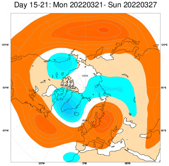 Le anomalie di geopotenziale (in rosso sopra media, in blu sotto media) elaborate dal modello ECMWF nel periodo di riferimento 21-27 marzo