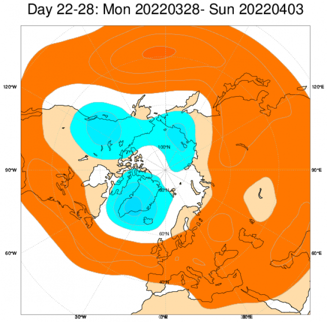 Le anomalie di geopotenziale (in rosso sopra media, in blu sotto media) elaborate dal modello ECMWF nel periodo di riferimento 28 marzo - 3 aprile