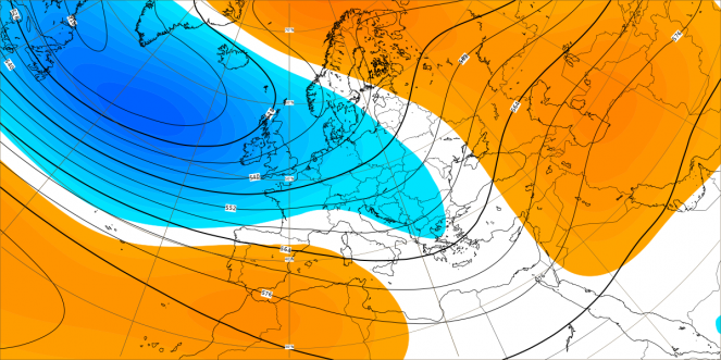 Le anomalie di geopotenziale secondo il modello Ecmwf fino al 28 novembre: in blu quelle negative, in arancione positive