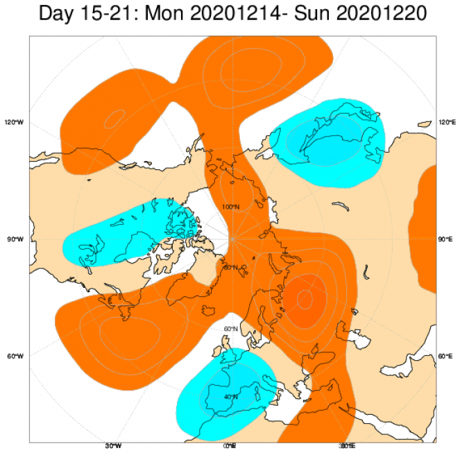 Le anomalie di geopotenziale secondo il modello ECMWF in Europa, mediate nel periodo 14-20 dicembre