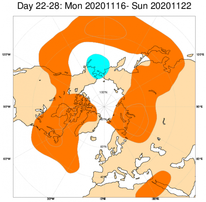 Le anomalie di geopotenziale secondo il modello ECMWF in Europa, mediate nel periodo 16-22 novembre