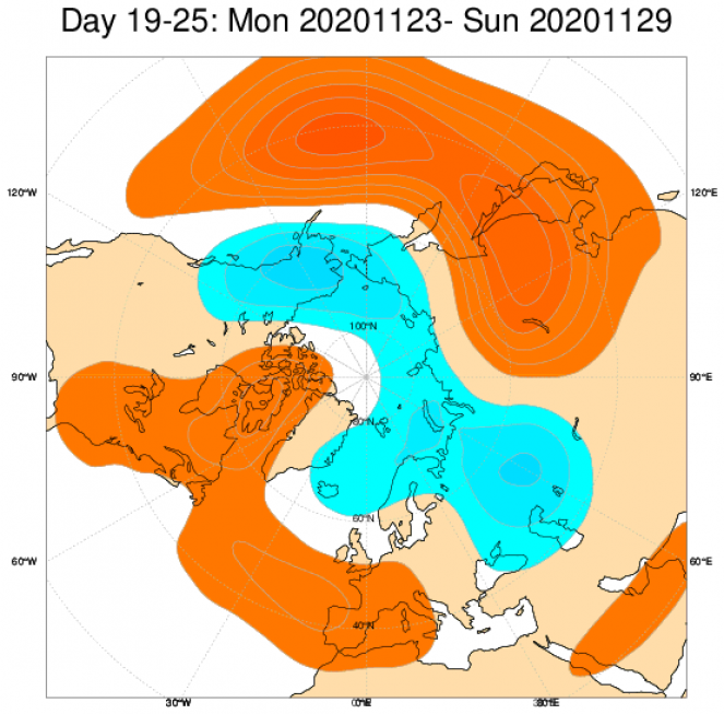 Le anomalie di geopotenziale secondo il modello ECMWF in Europa, mediate nel periodo 23-29 novembre