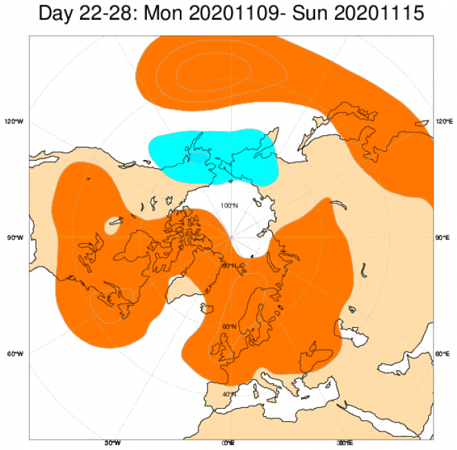 Le anomalie di geopotenziale secondo il modello ECMWF in Europa, mediate nel periodo 9 - 15 novembre