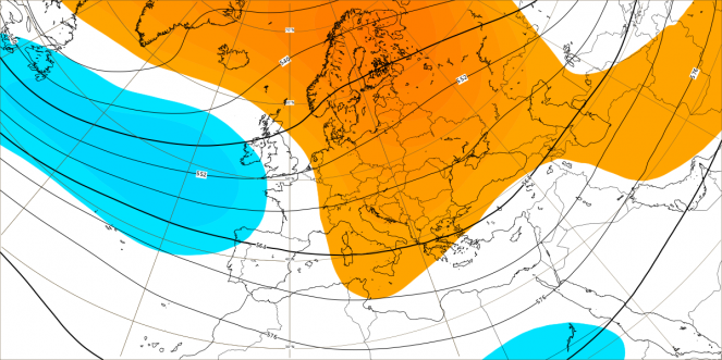 Le anomalie di geopotenziale secondo il modello Ecmwf mediate dal 21 al 28 novembre: in blu quelle negative, in arancione positive