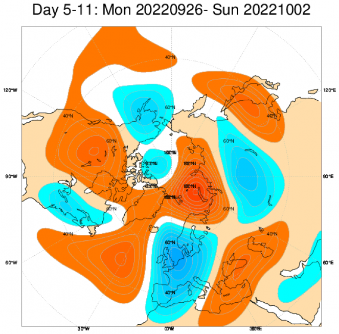 Le anomalie di geopotenziale secondo il modello ECMWF mediate sul periodo 26 settembre - 2 ottobre