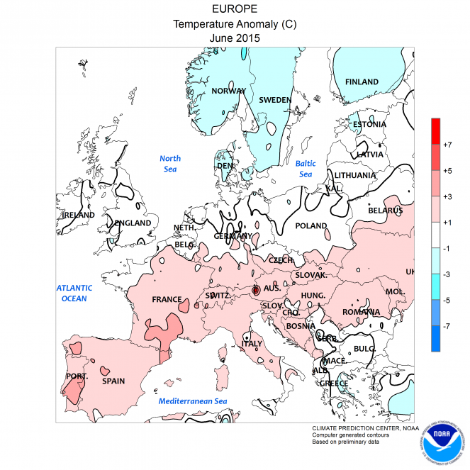 Le anomalie di temperatura di Giugno 2015 in Europa (fonte NOAA)