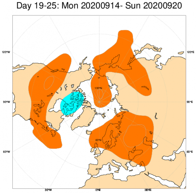 Le anomalie medie di geopotenziale attese a 500hPa dal modello ECMWF, mediate sul periodo 14-20 settembre