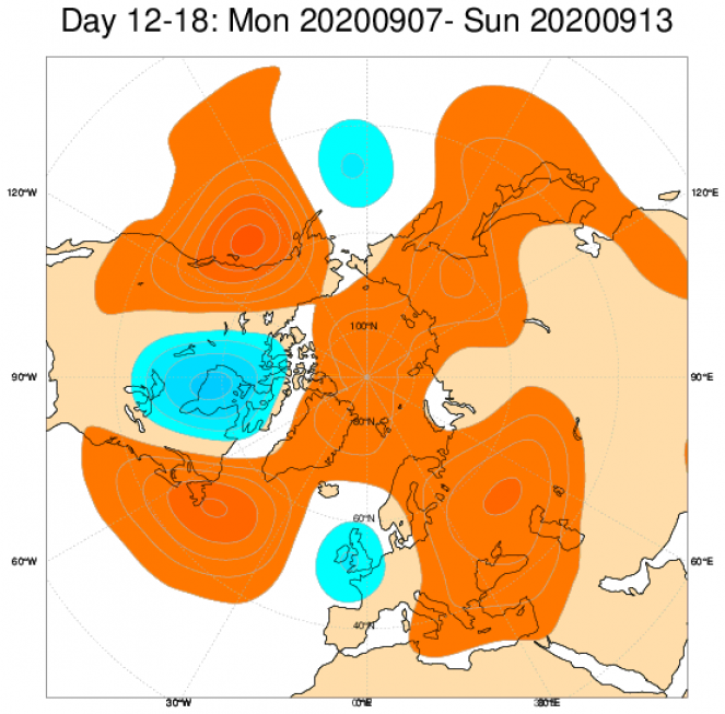 Le anomalie medie di geopotenziale attese a 500hPa dal modello ECMWF, mediate sul periodo 7-13 settembre