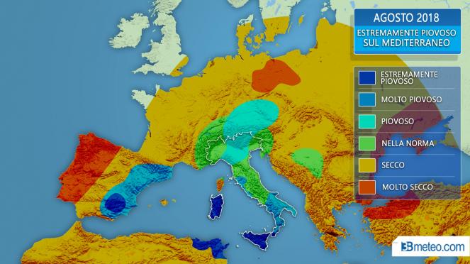 Le anomalie pluviometriche in Europa ad Agosto su rielaborazione dati NOAA
