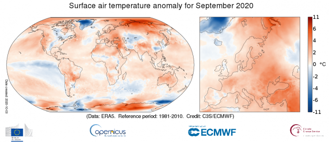 Le anomalie termiche di settembre su scala globale ed europea. Fonte C3S/ECMWF 