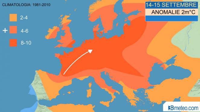 Le anomalie termiche in Europa durante l'ondata di caldo anomalo di metà settembre
