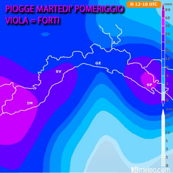 Le piogge previste in Liguria marted&igrave; pomeriggio