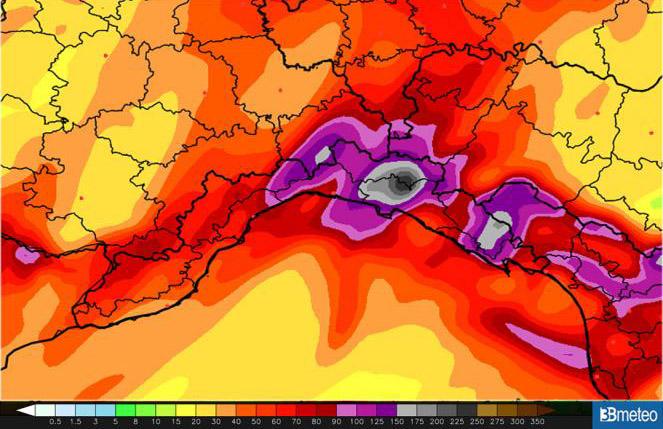 Le precipitazioni complessive previste sulla Liguria fino a lunedì compreso