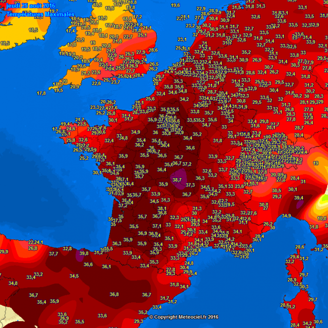 Le temperature massime di Giovedì 25 Agosto sull'Europa occidentale