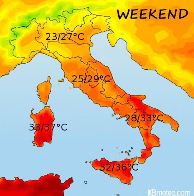 Le temperature previste sull'Italia nel weekend