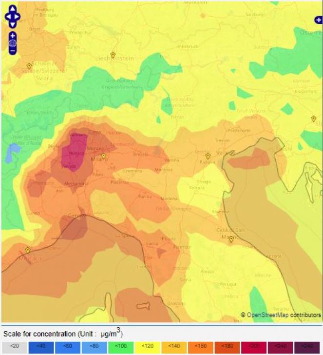 Livelli di Ozono nella giornata di venerdì (fonte copernicus)
