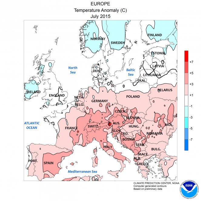 Luglio 2015: anomalie di temperature. Fonte: ncdc.noaa.gov