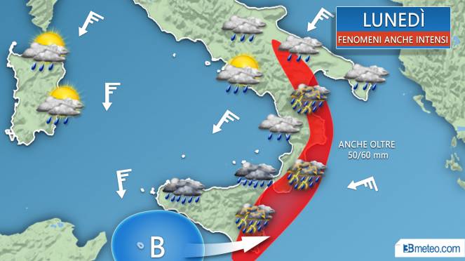 Maltempo al Sud lunedì con temporali anche forti sulle Ioniche