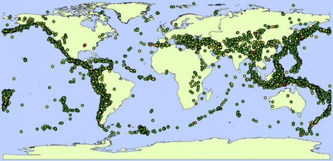 Mappa che mostra terremoti di magnitudo superiore a 6 negli ultimi 100 anni.