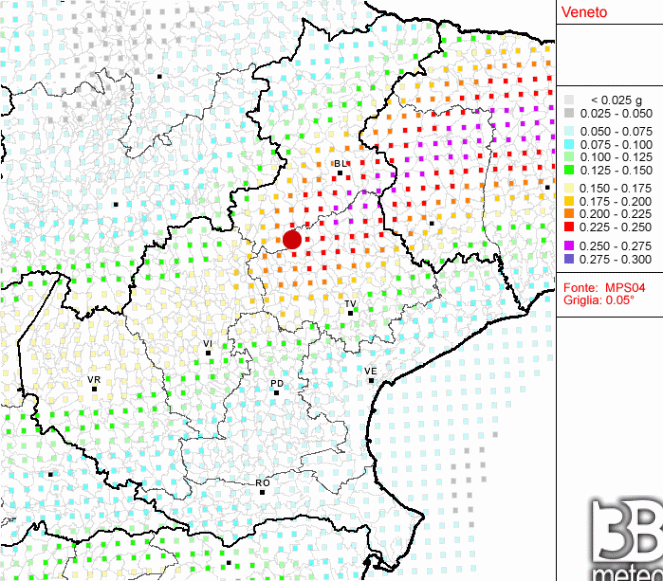 Mappa di sismicità della regione Veneto (INGV) ed epicentro (pallino rosso) dei terremoti recenti